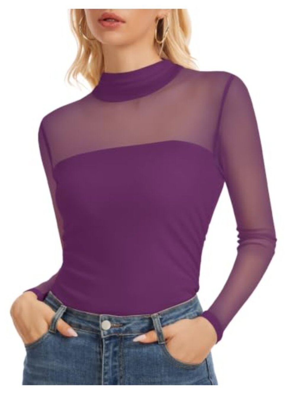 Mesh Long Sleeve Turtle Neck Sheer Top Slim Fit Going Out